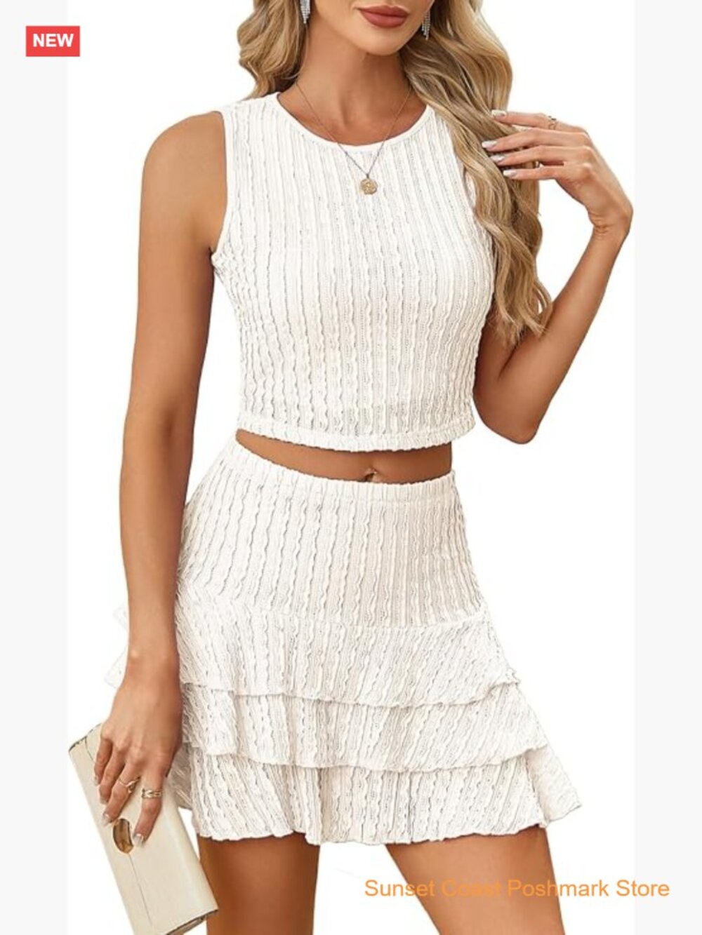 Eyelet Two Piece Skirt Set Boat Neck Cami Top Layered Ruffle Hem Mini Skirts